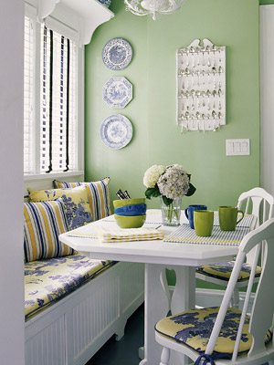 mint green and white breakfast nook