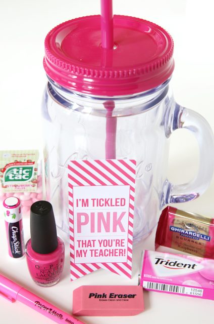 Teacher Gift - Tickled Pink with free printable gift tag via Pizzazzerie 