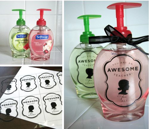 Teacher gift -Personalized Soap Dispenser with FREE printable from Crash Course Creative via Design Mom