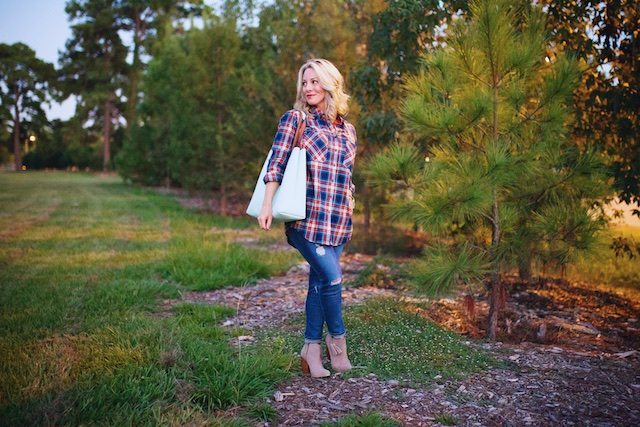 Fall fashion - plaid button down and jeans