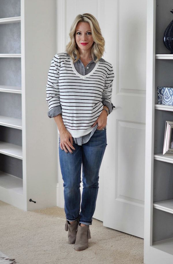 Fall fashion - striped v-neck sweater, gingham button down, jeans and booties 