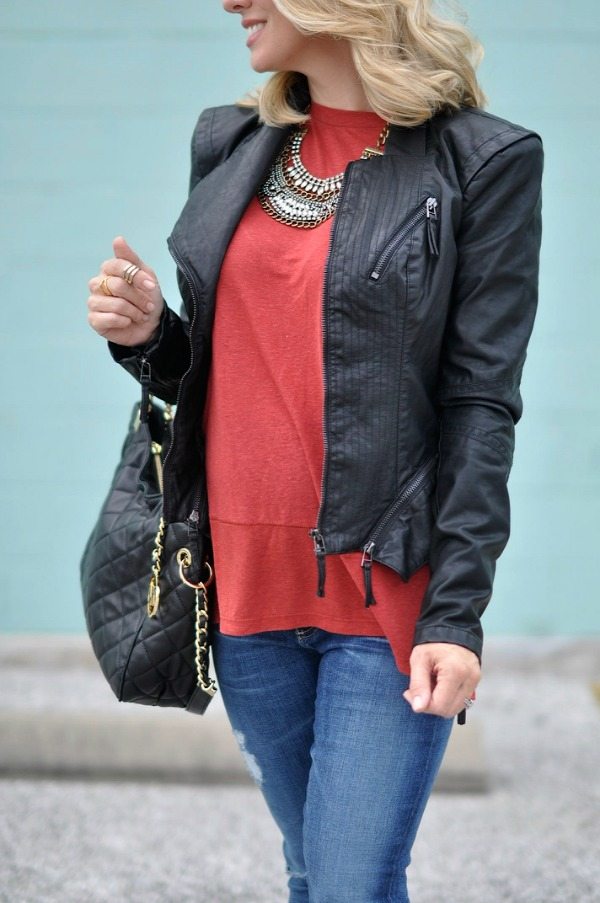 Fall/winter fashion - BLANKNYC faux leather jacket under $100 - Free People Tee dressed up with a statement necklace 