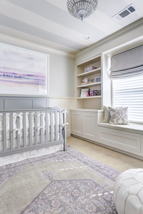 Baby Girl's Lavender Nursery, stripes on the ceiling | Honey We're Home