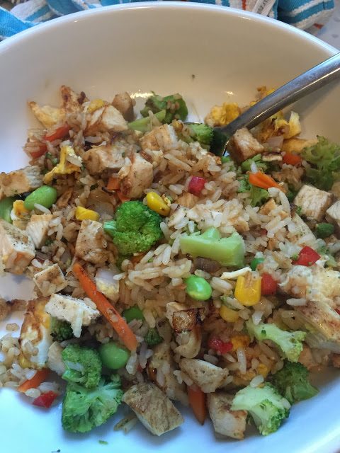 Grilled chicken or shrimp stir-fried rice and veggies.
