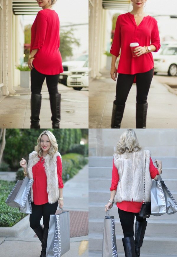 Winter fashion | red tunic top, perfect legging length & faux fur vest
