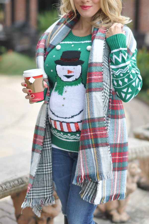 Winter fashion | festive snowman sweater and plaid reversible scarf