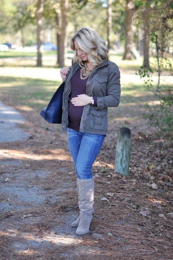 Pregnancy update 24 weeks.  Maternity fashion jacket, top boots and jeans.
