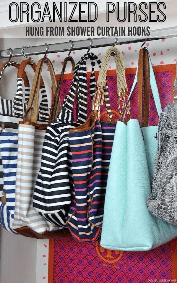Genius solution for organizing purses - hang them from inexpensive shower curtain hooks!