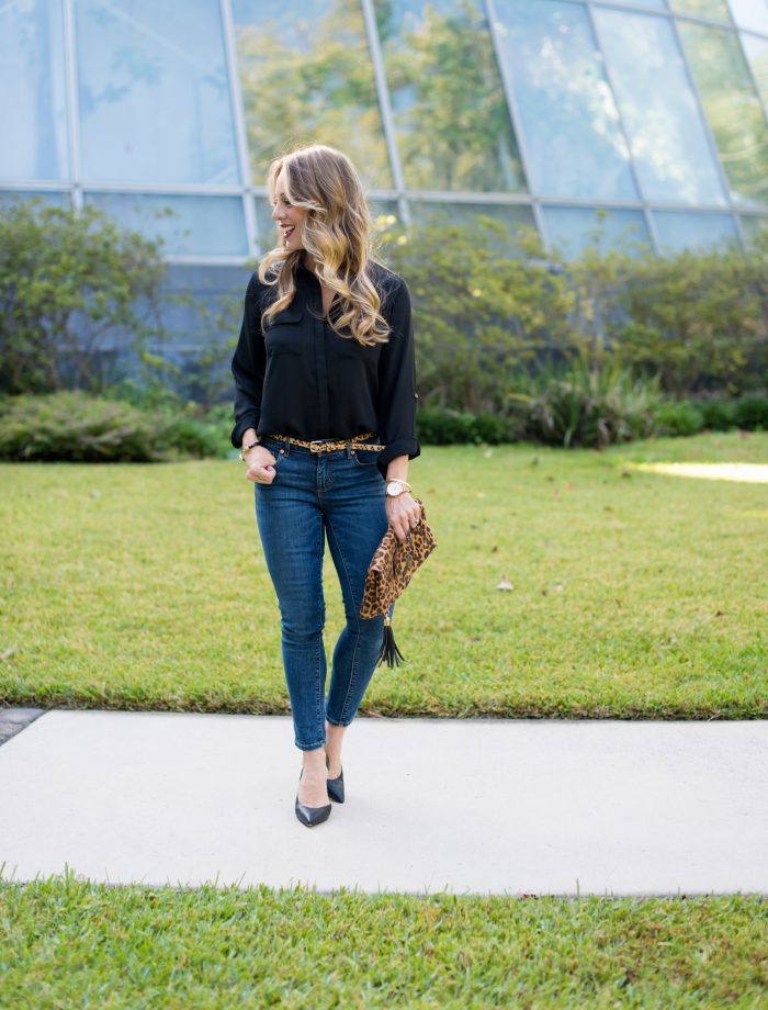 Black blouse w jeans and heels with pop of leapard- work to weekend
