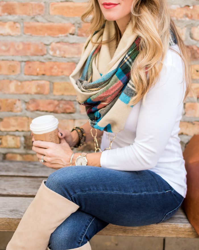Fall fashion inspiration - knee high boots with jeans, plaid scarf, white top #ootd #fallfashion #plaid #boots