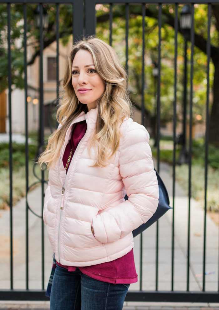 5Fall Outfit Inspiration - pink puffer jacket, dark wash jeans with tunic #fallfashion #thanksgivingoutfit #tunic