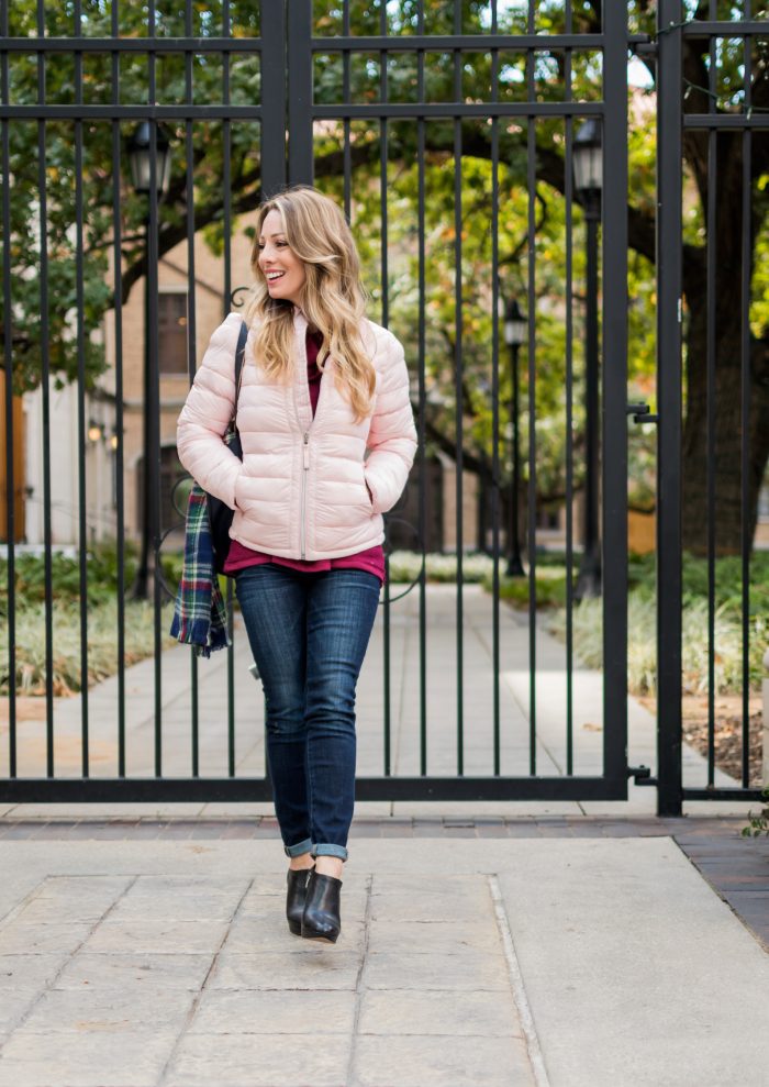 Fall Outfit Inspiration - pink puffer jacket, dark wash jeans with tunic #fallfashion #thanksgivingoutfit #tunic