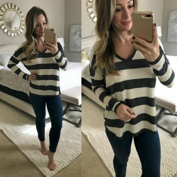 grey and tan striped sweater