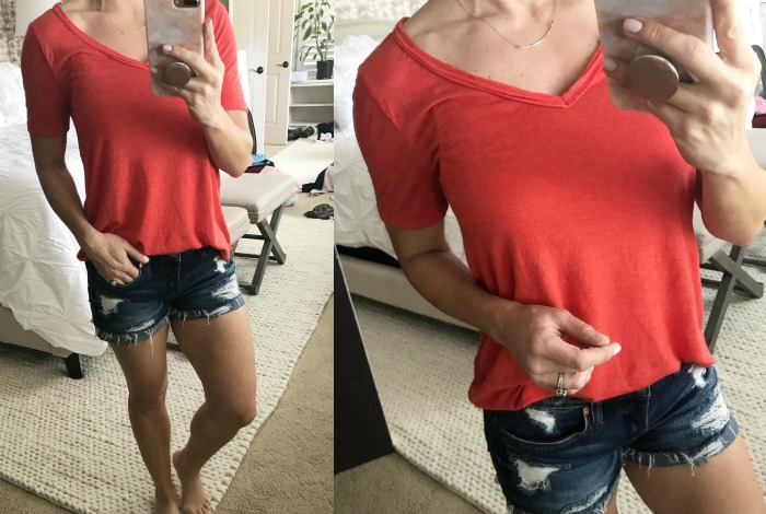 Red tee and fave jean shorts