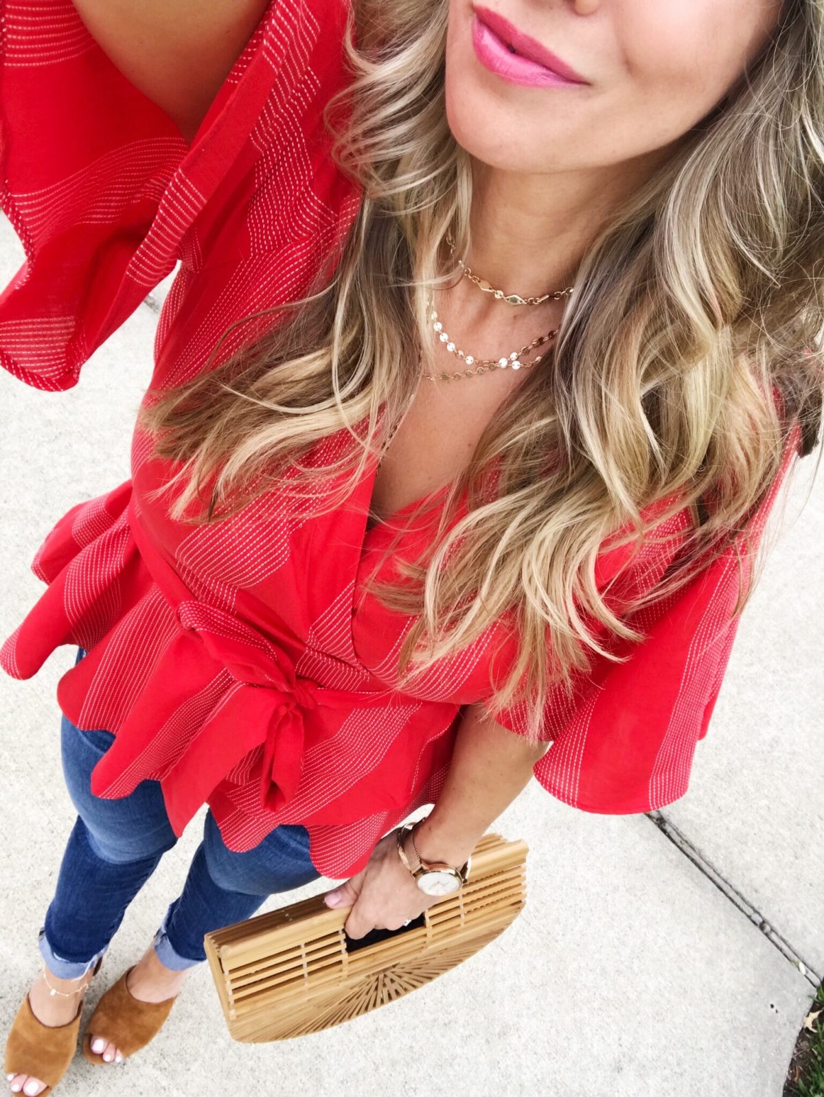 Spring Outfit - red wrap top and skinny jeans 