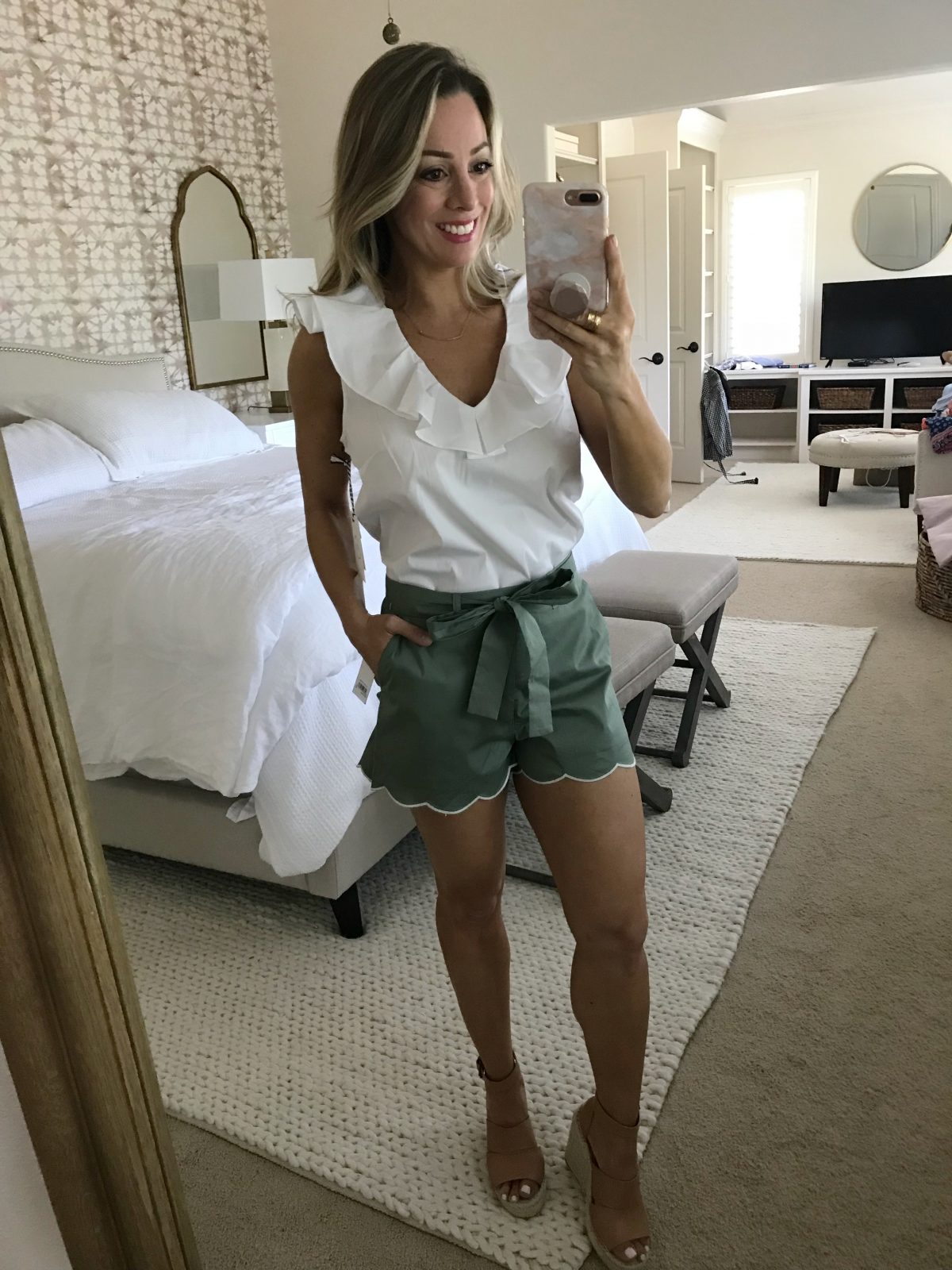 Olive Scallop shorts and white ruffle top