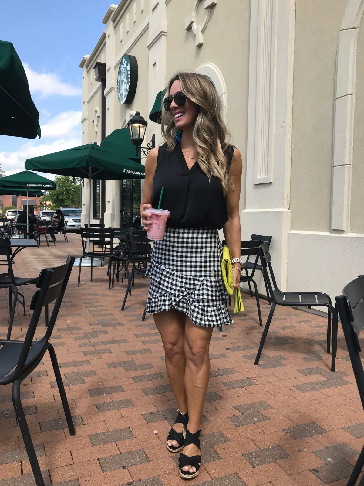 Gingham skirt and black camisole with wedges