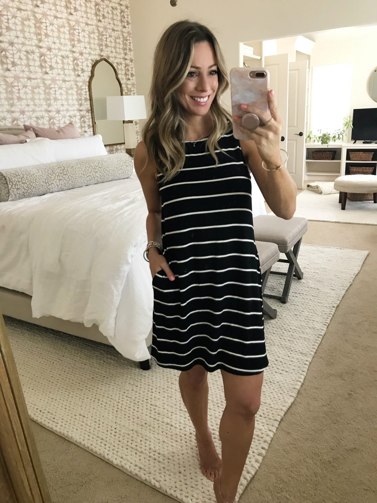 Striped swing dress with pockets $35