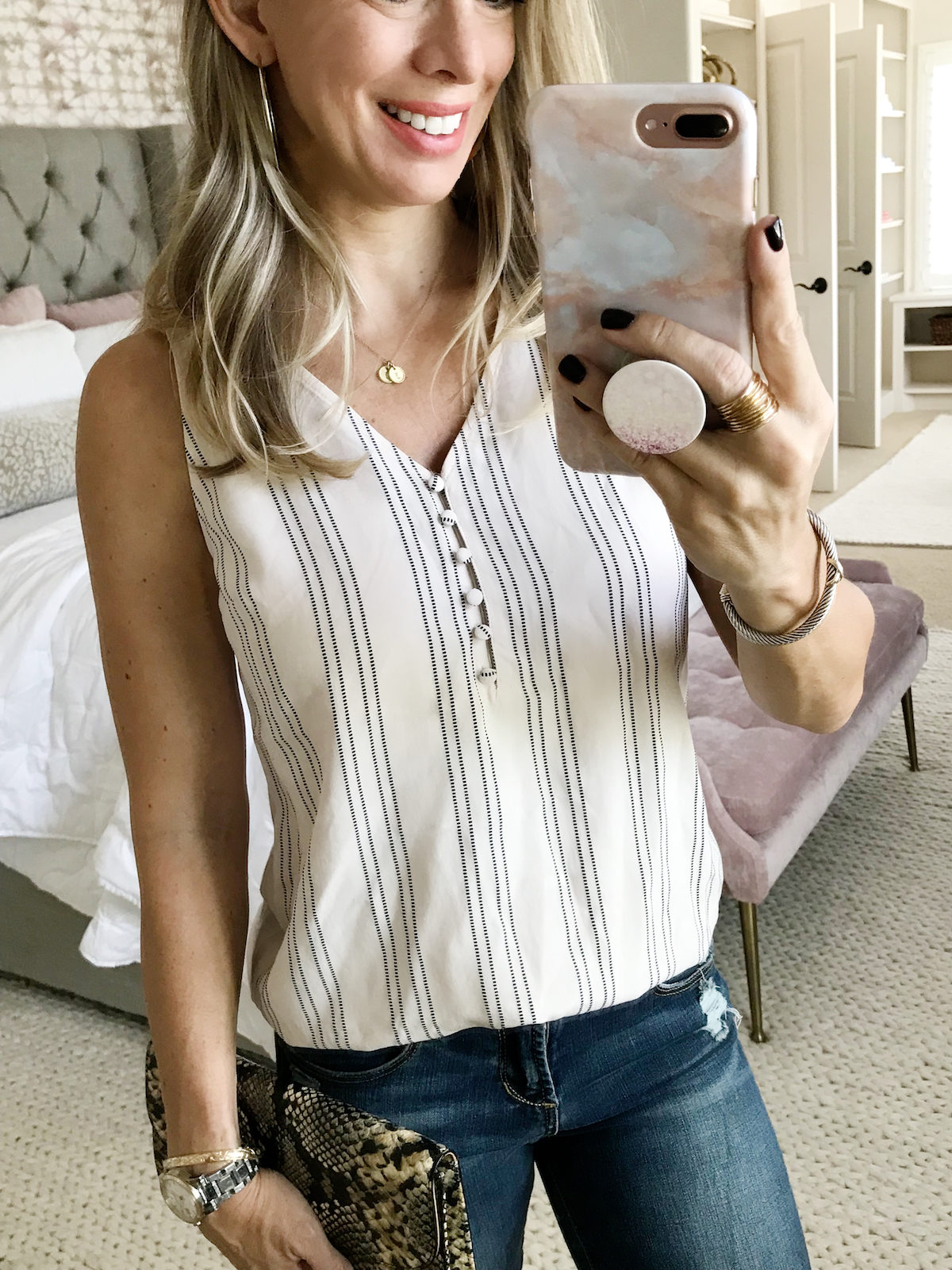 striped button front tank