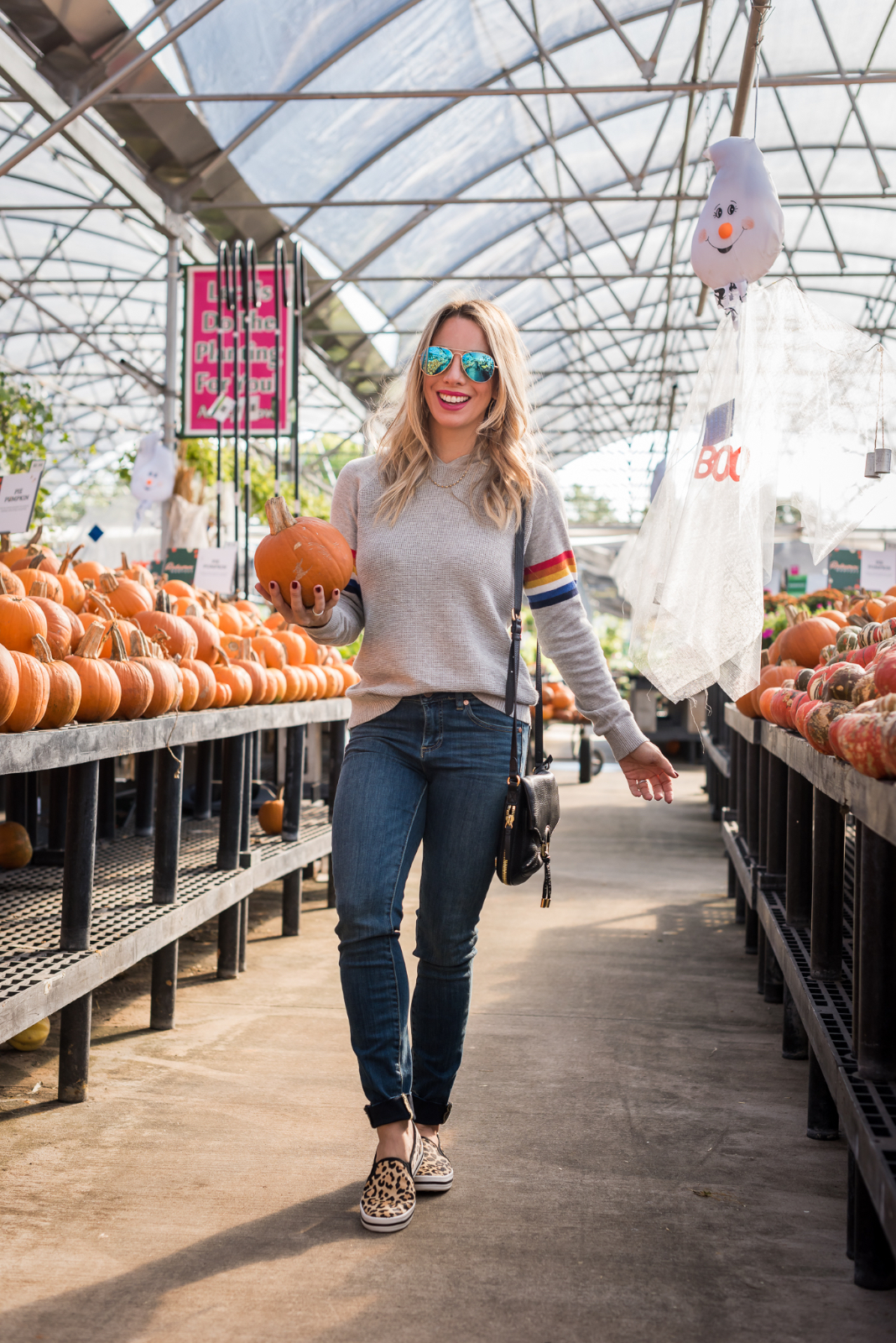 Cute Fall Outfit - pumpkin patch with rainbow sleeve hoodie and leopard sneakers