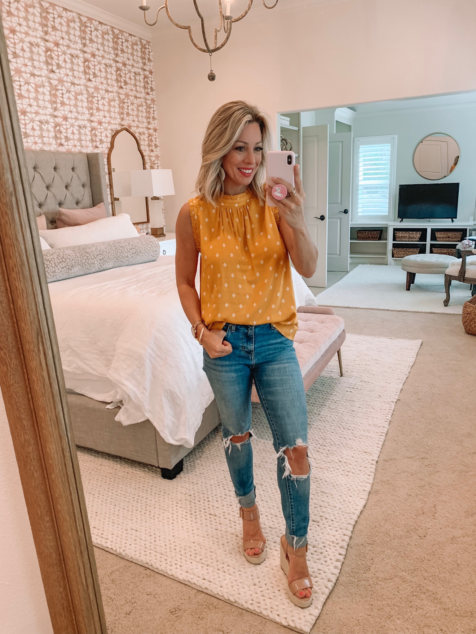 Marigold top and ripped jeans with wedges