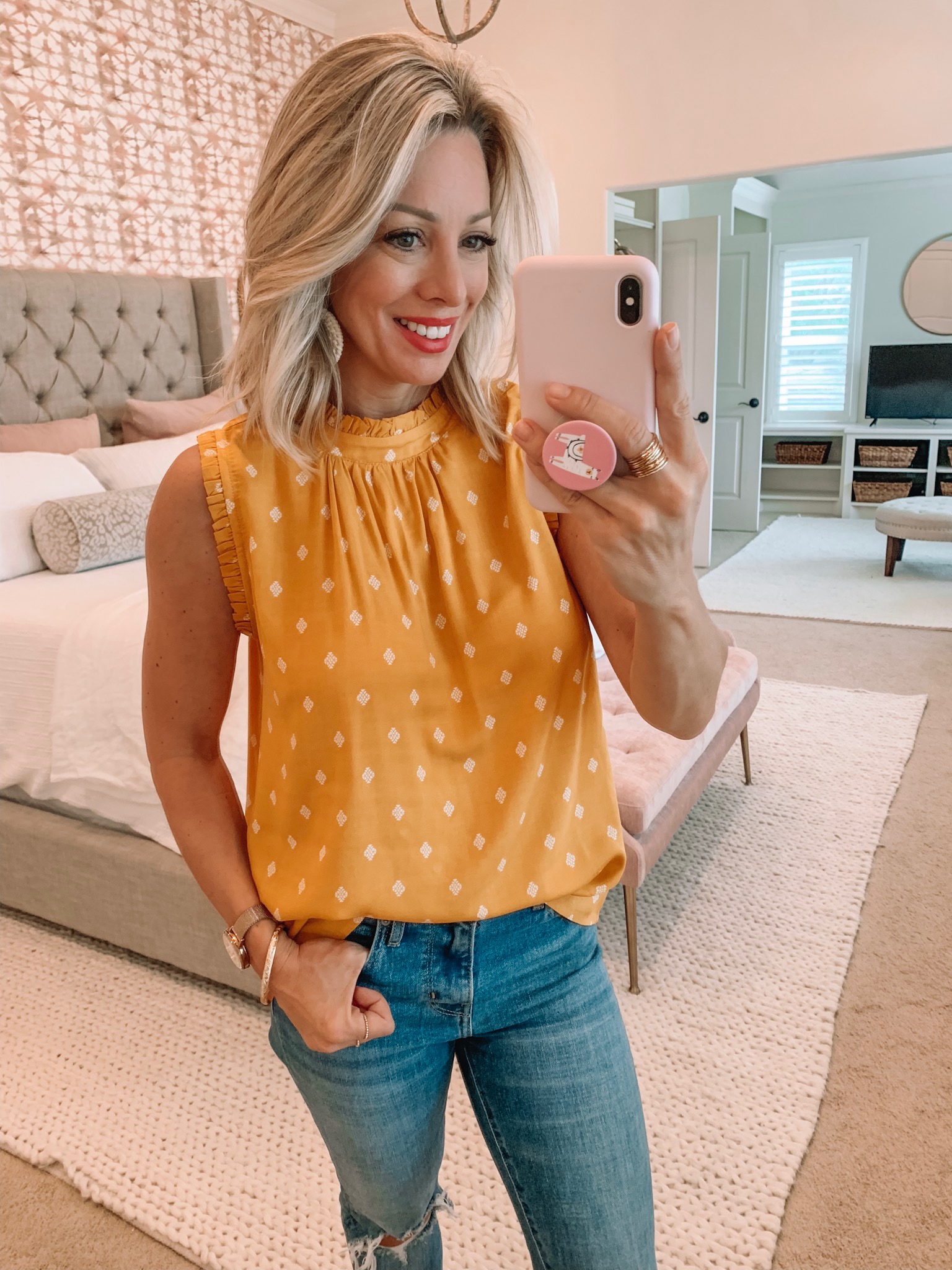 Marigold top and ripped jeans with wedges