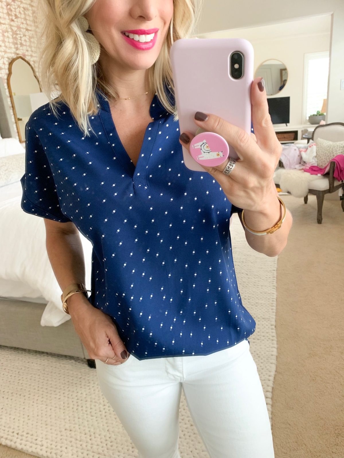 Amazon fashion faves navy dot top and white jeans 
