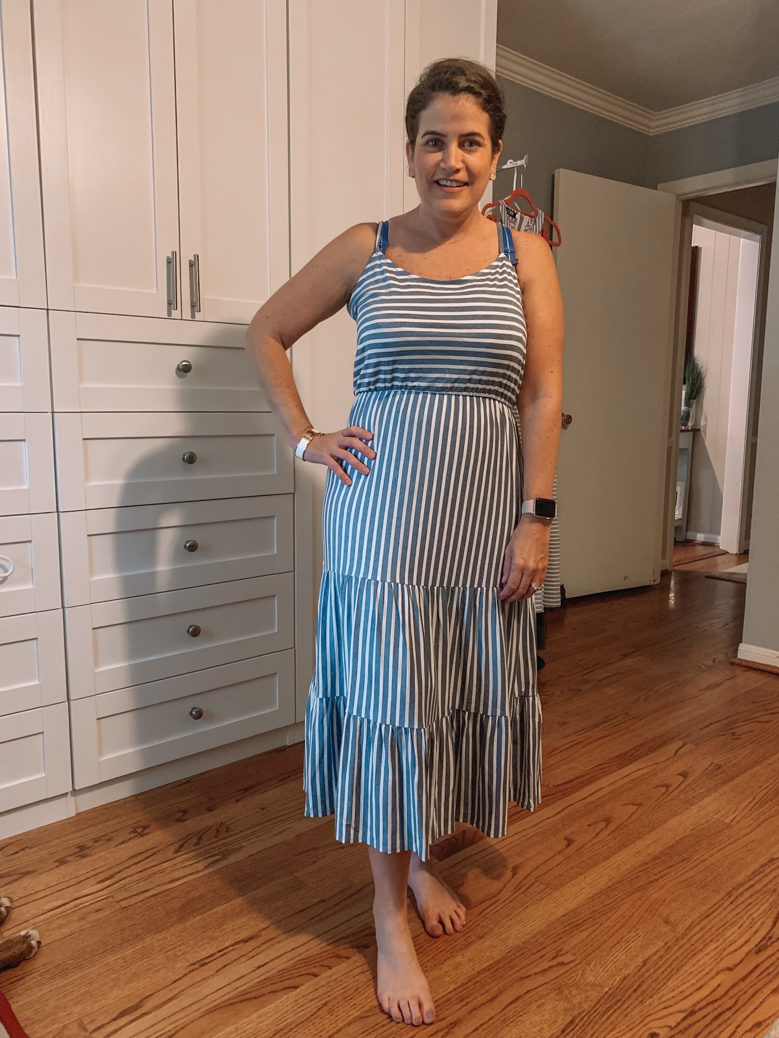 blue and white striped maxi dress