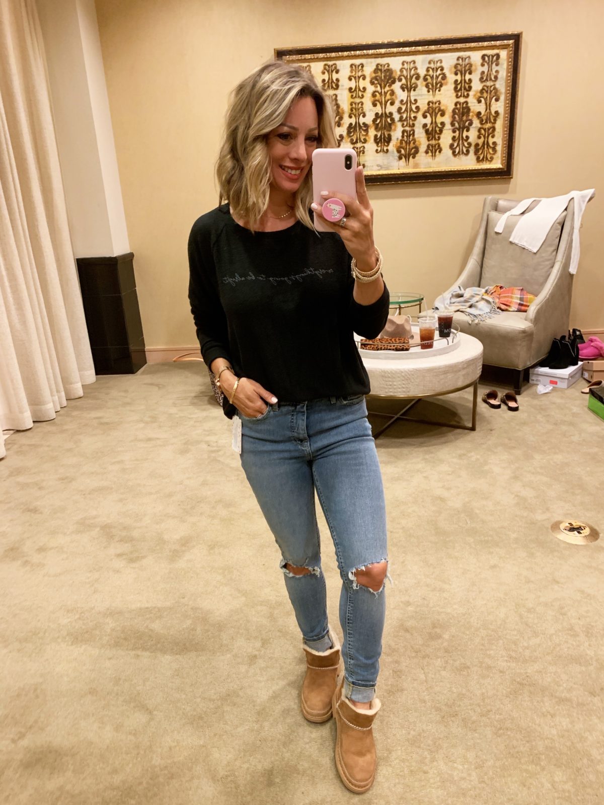 Nordstrom Anniversary Sale - black sweater with Jeans and boots and ugg melrose shoes