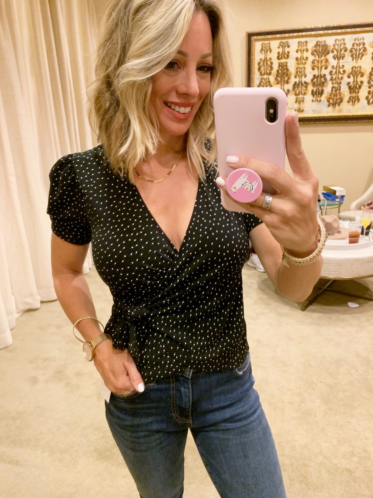 Nordstrom Anniversary Sale - polka dot wrap shirt with boot cut jeans and boots