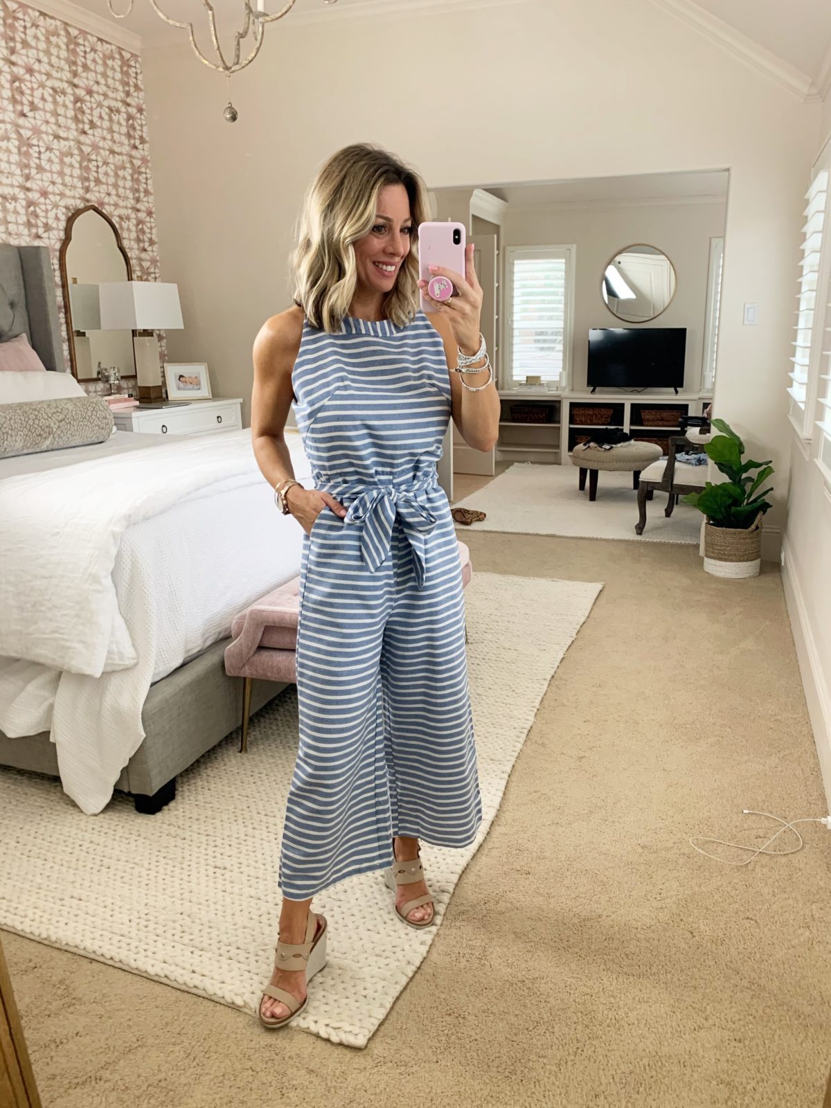 Blue and White Stripe Jumpsuit, Wedge Sandals