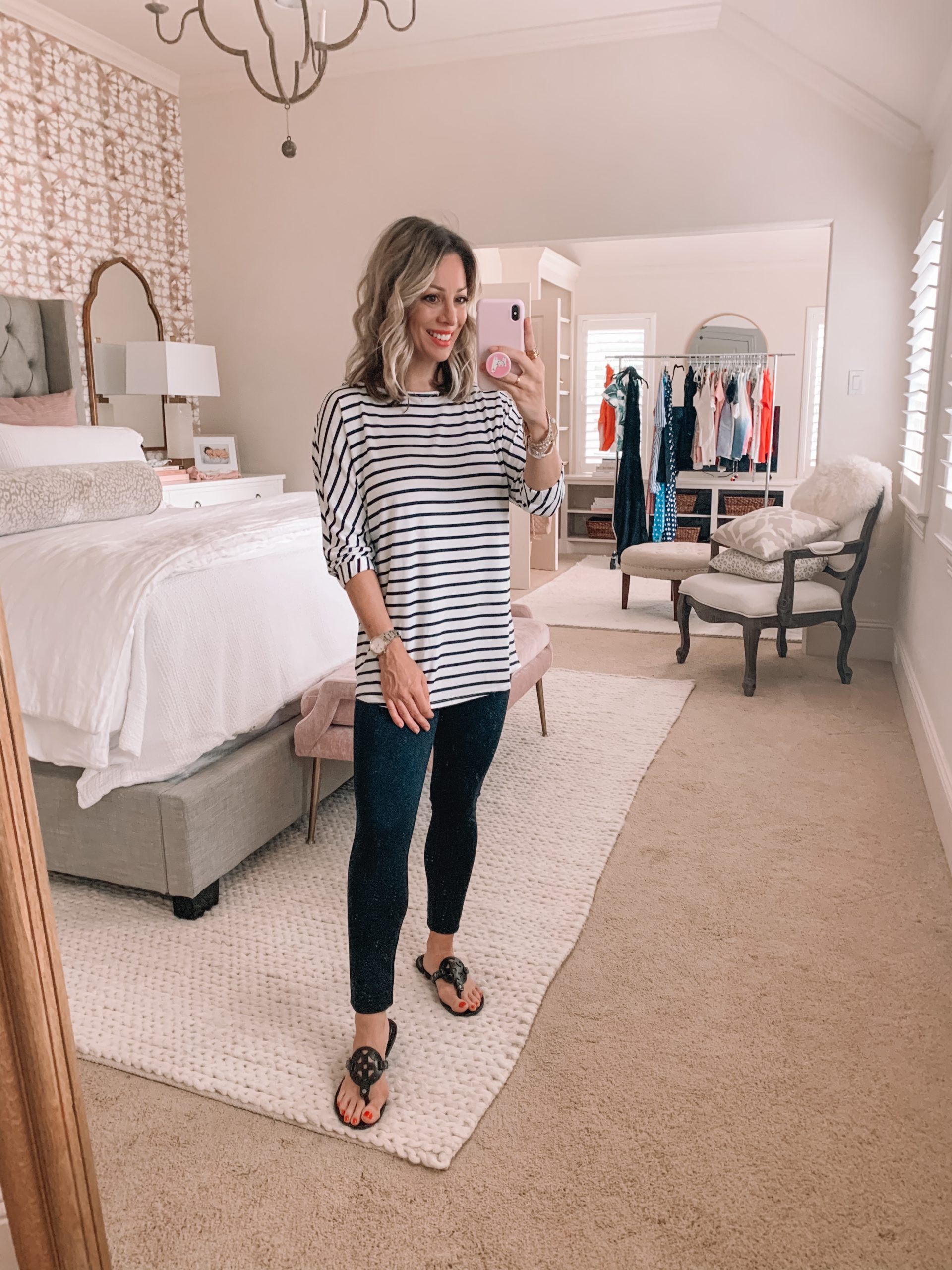 Amazon Fashion - Striped Jersey Bunch Sleeve Top, Black Ponte Leggings, Miller Dupe Sandals