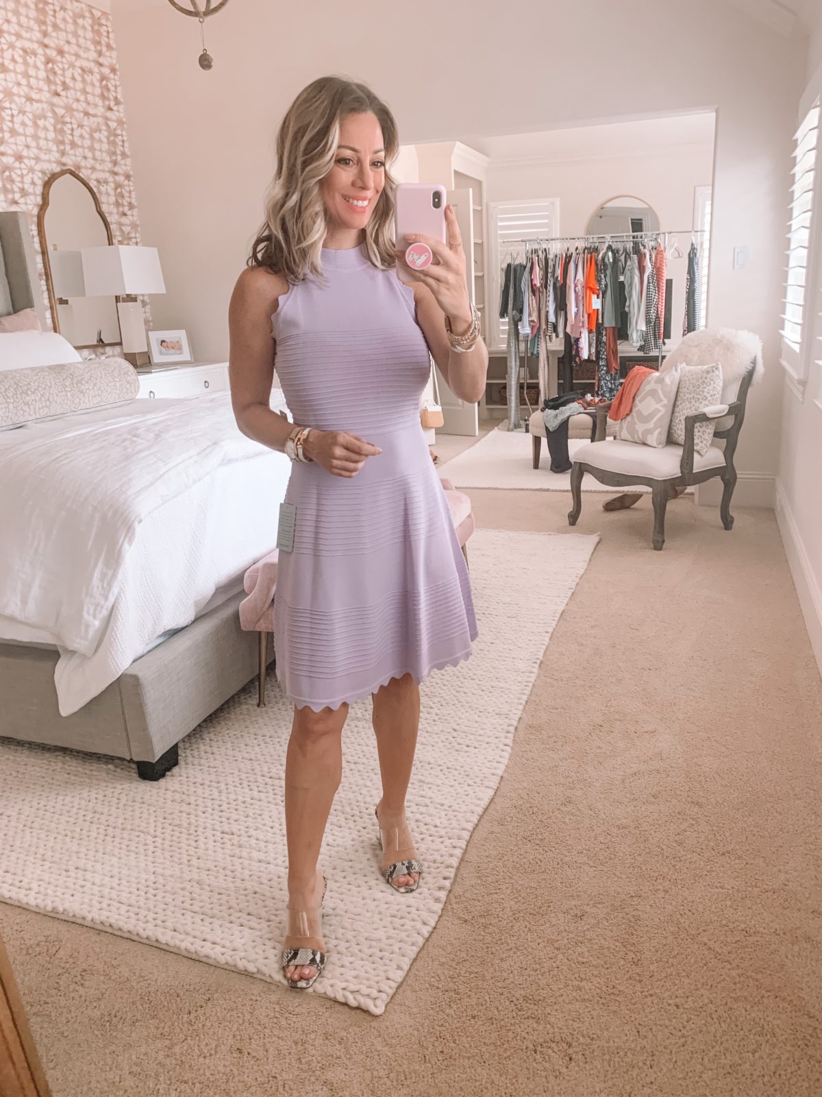 Dressing Room Finds Nordstrom and LOFT, Lilac Fit and Flare Sweater Dress, Clear Heels