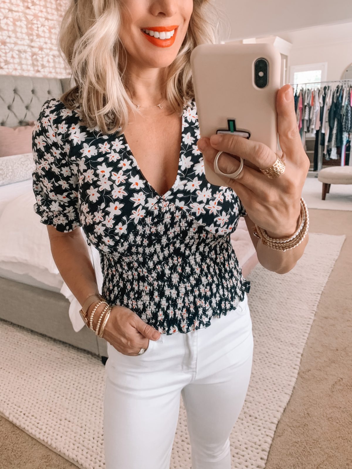 Summer Outfit - white jeans and smocked top