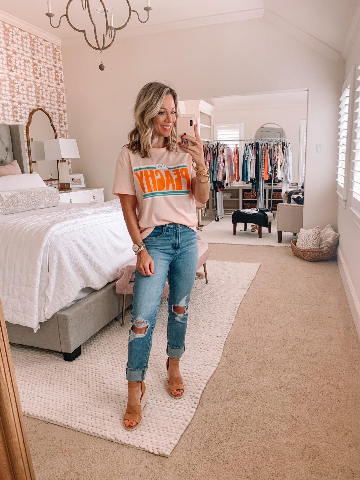 Amazon Fashion Finds, Just Peachy Tee, Jeans, Wedges 