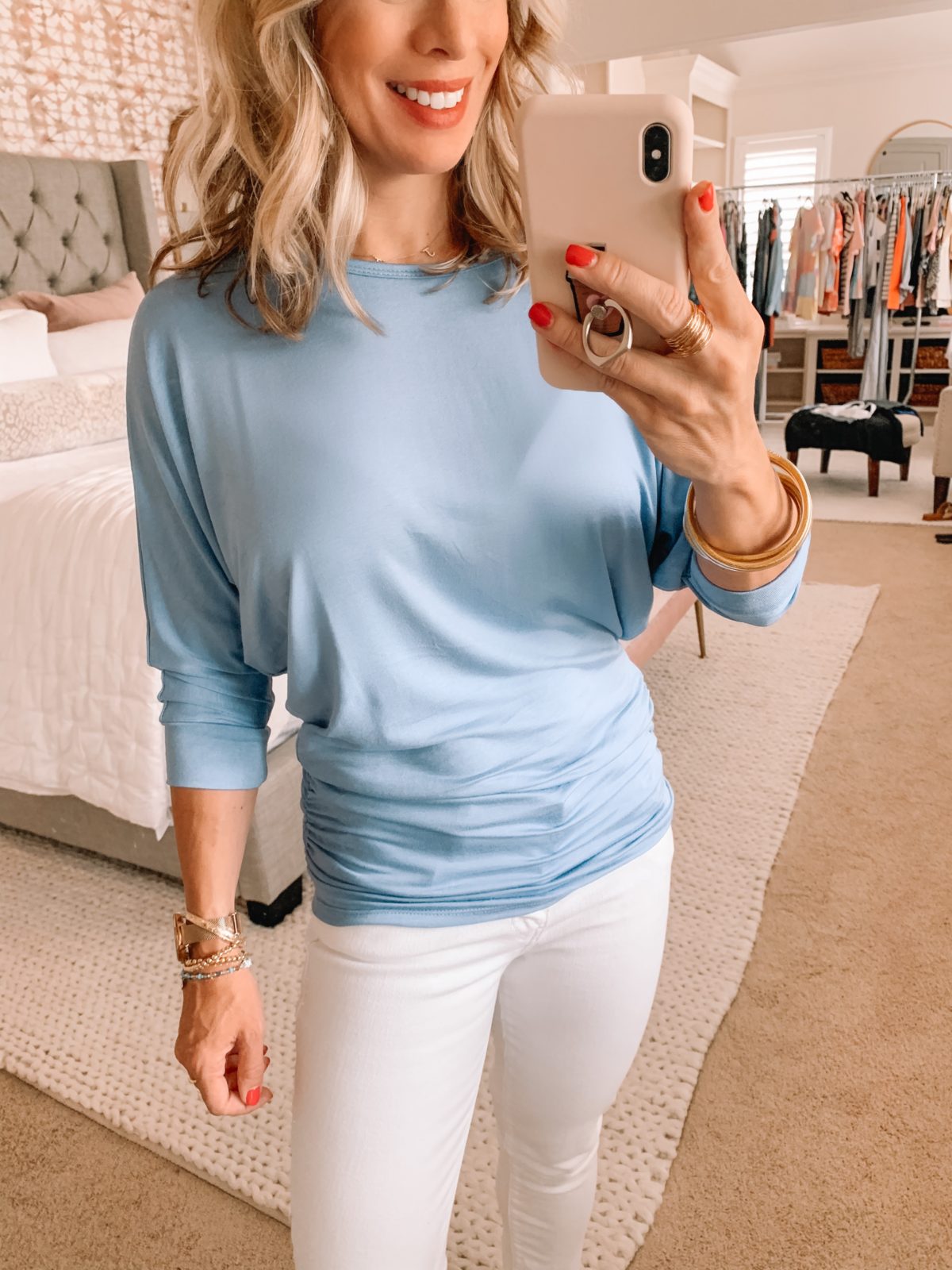 Amazon Fashion Finds, Blue Ruched Waist Top, Jeans