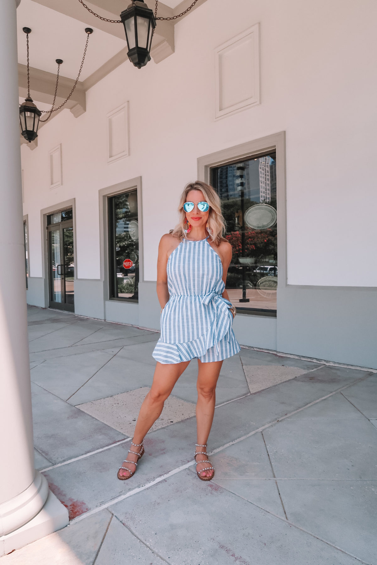 Outfit Roundup, Nordstrom Striped Romper, Studded Sandals, Diff Eyewear Sunglasses
