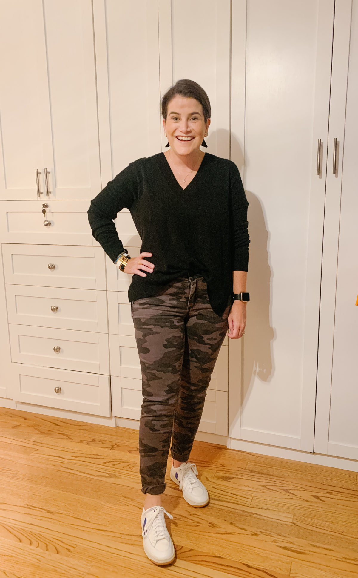 Nordstrom Sale, What Ali-Shaun Bought, Black V-Neck Sweater, Camo Pants, Booties
