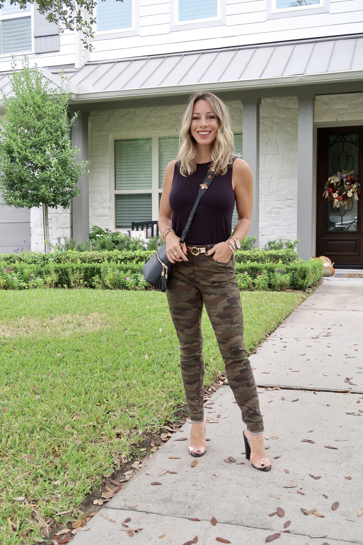 Outfits Lately, Camo Pants, Tank top, Crossbody bag, Bee Strap, Clear Heels 