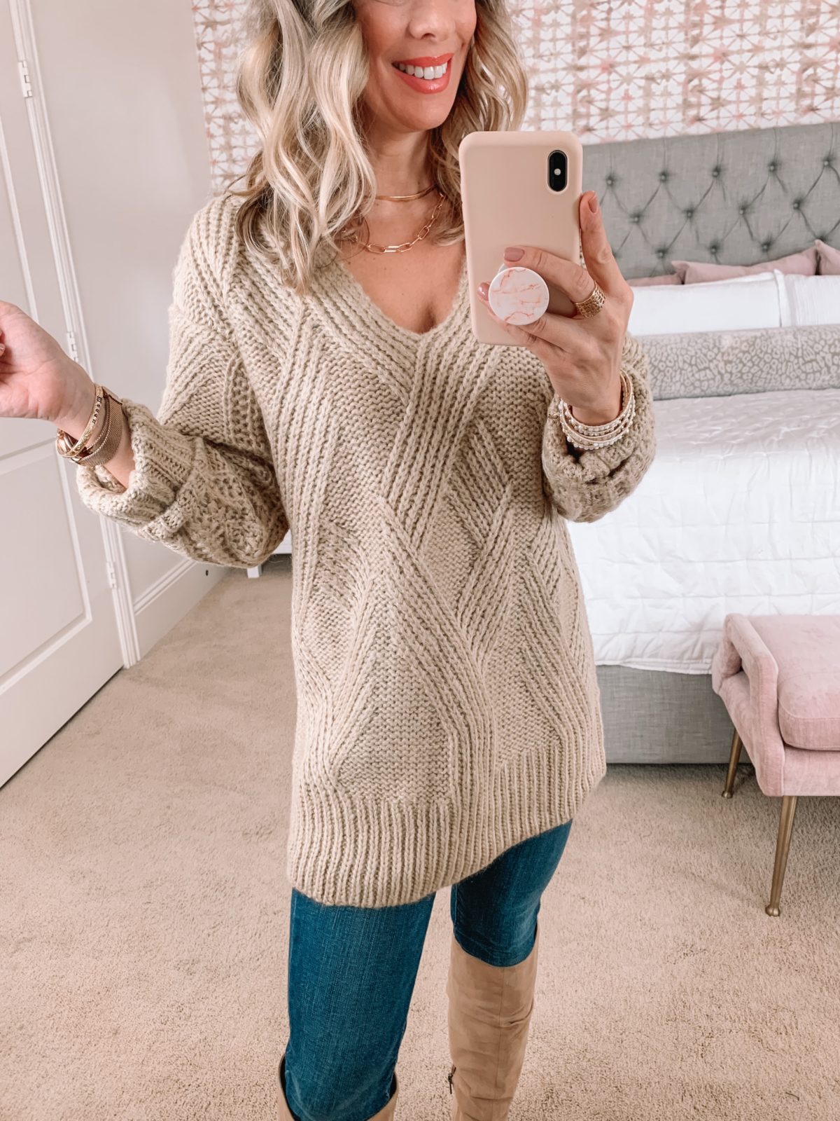 Amazon Fashion Faves, Cable Knit Sweater, Jeans, Boots 