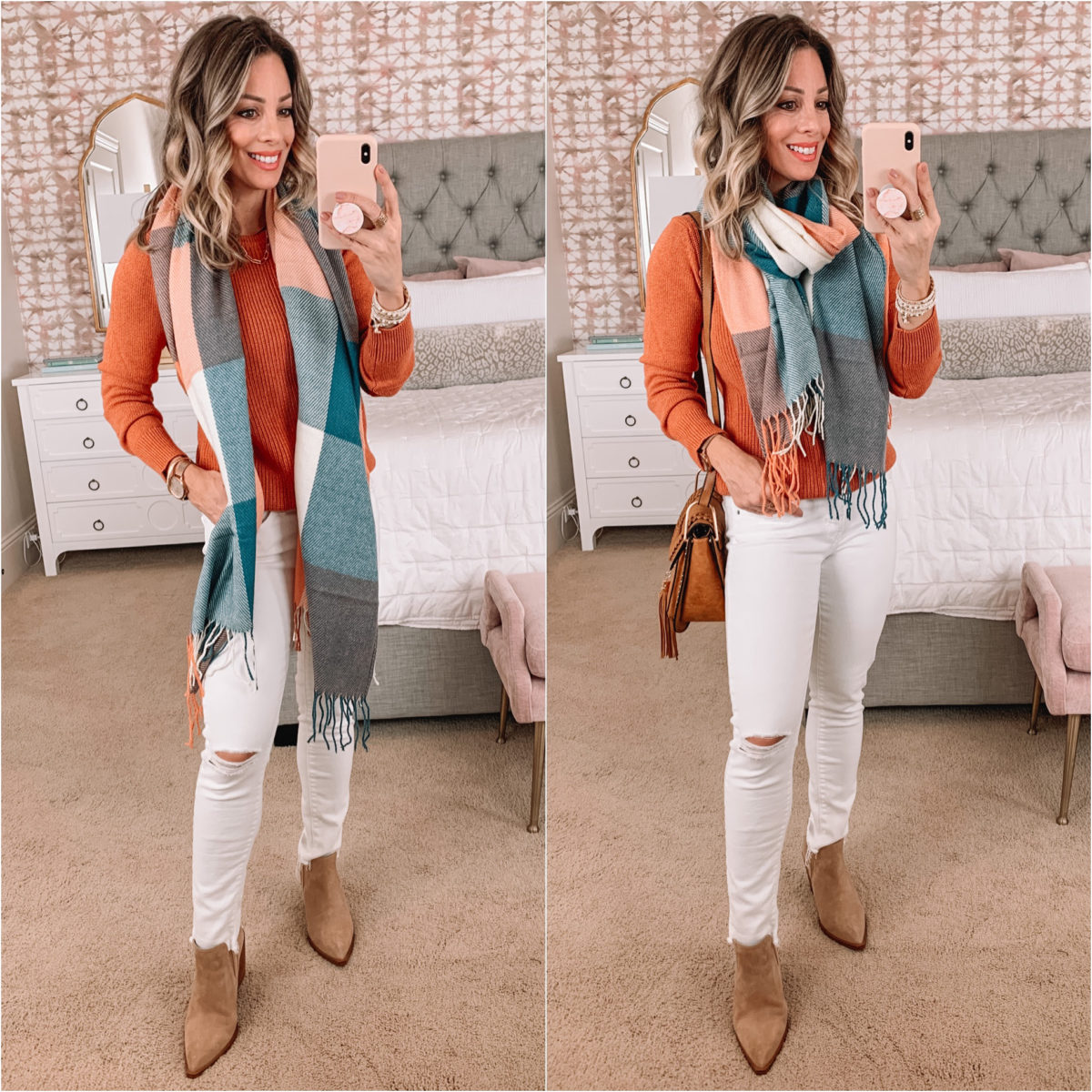 Amazon Fashion Faves, Sweater, Scarf, Skinny Jeans White, Booties 