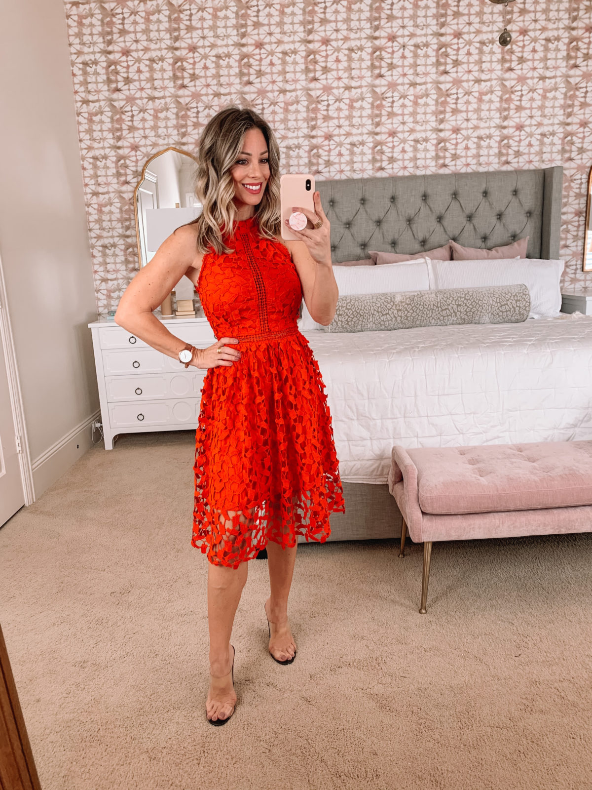 Amazon Fashion Faves, Red Lace Dress, Clear heels 