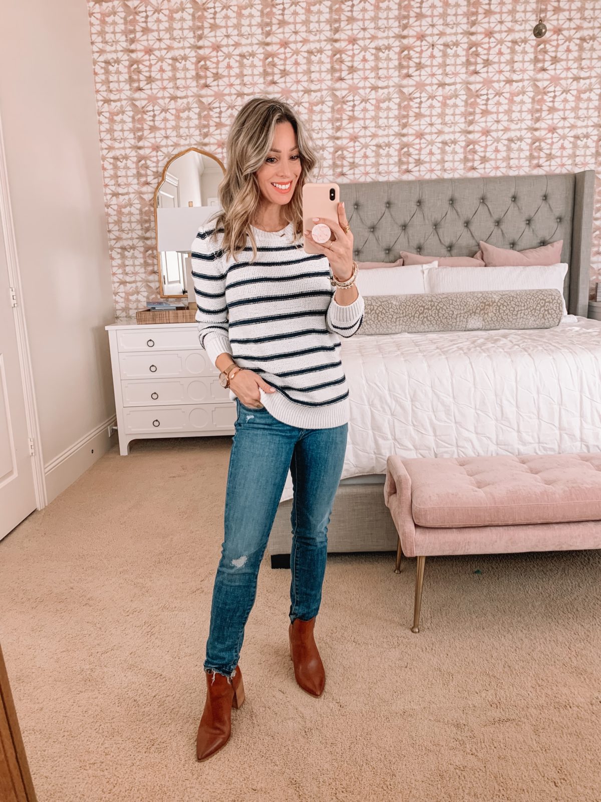 Amazon Fashion Faves, Striped Sweater, Jeans Booties 