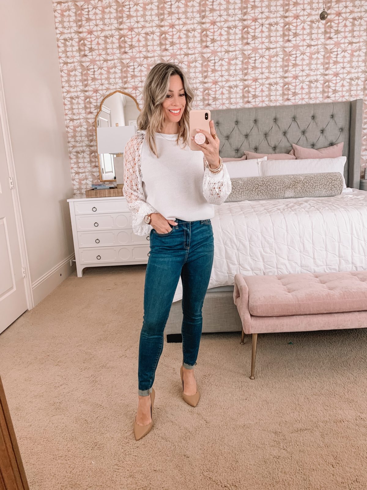Amazon Fashion Faves, White Lace Sleeved Top, Jeans, Heels 