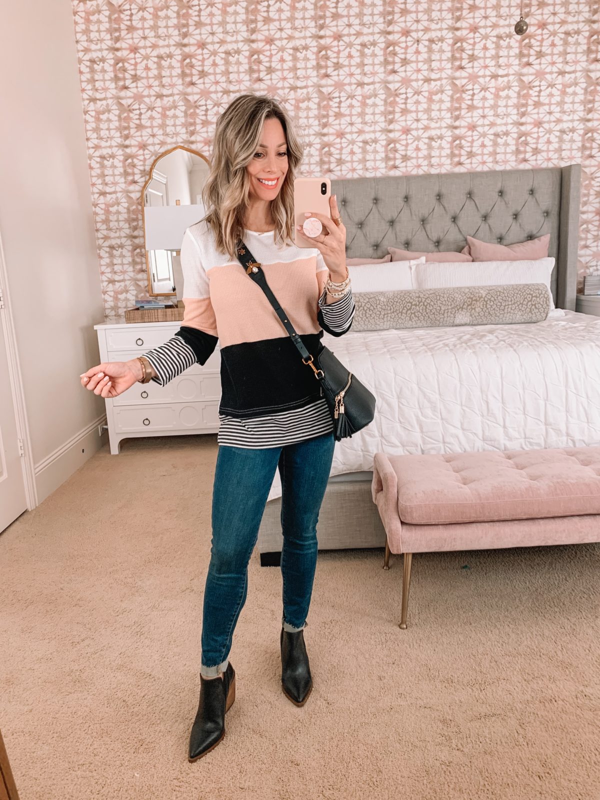 Amazon Fashion Faves, Colorblock Waffle Top, Jeans, Booties, Crossbody