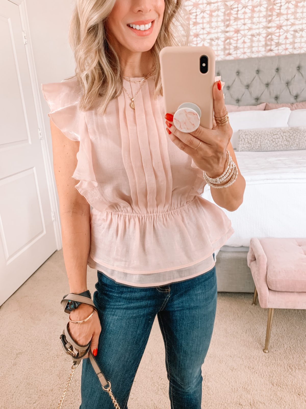 Dressing Room Finds, Pink Shimmer Peplum Top, Jeans, Heels 