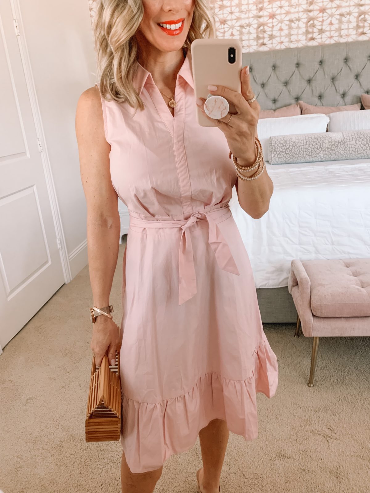 Amazon Fashion Faves, Pink Shirt Dress and Sandals and Bamboo Clutch 