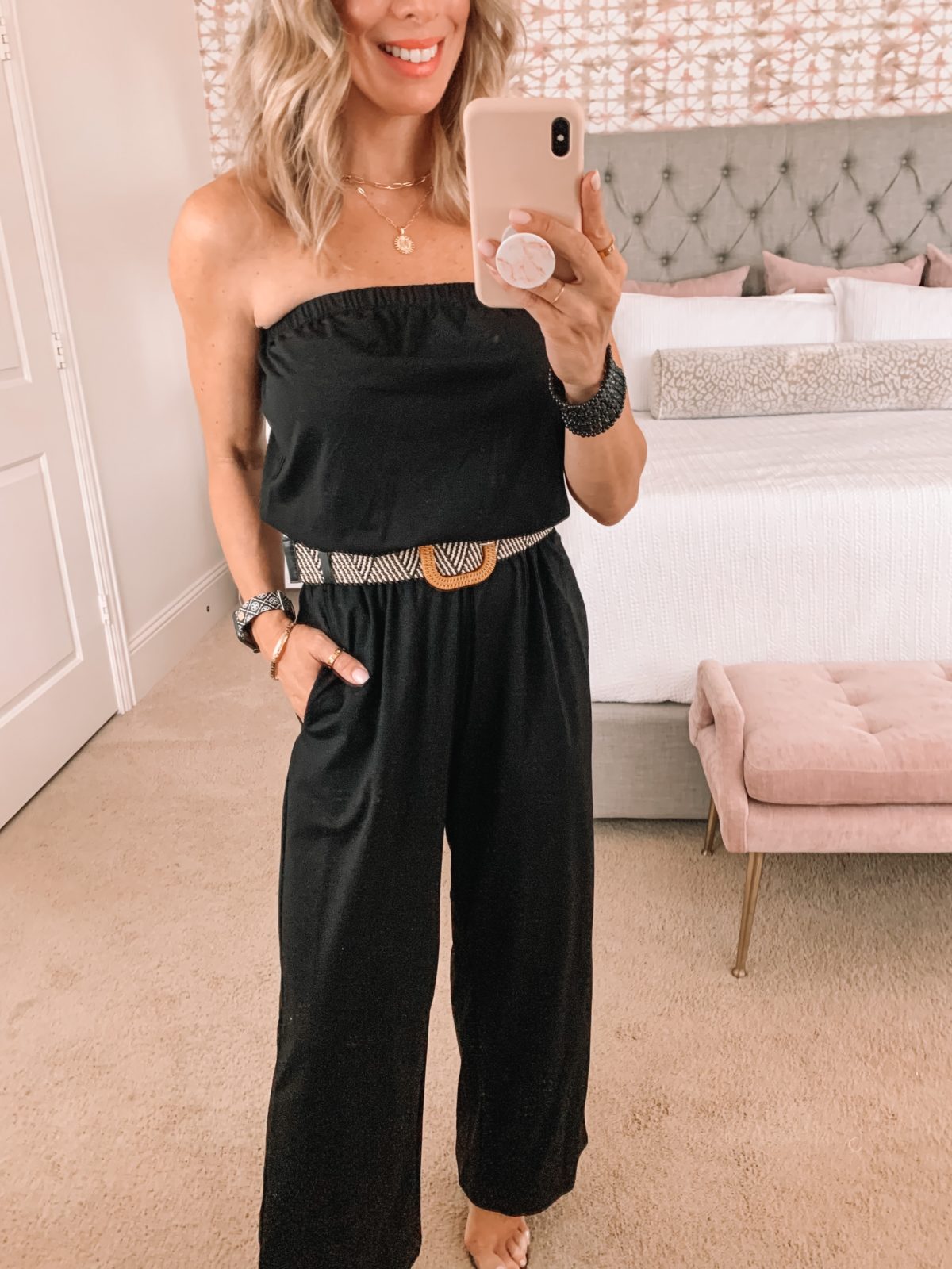 Amazon Fashion Faves, Strapless Jumpsuit, woven belt and Heels 