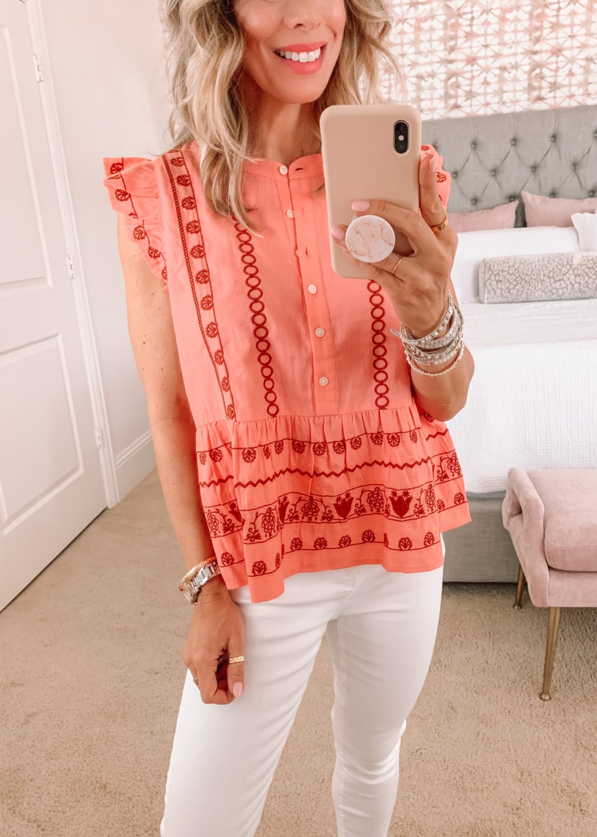 Dressing Room finds, LOFT, Embroidered Ruffle Sleeve Top and White Jeans with Studded Sandals 