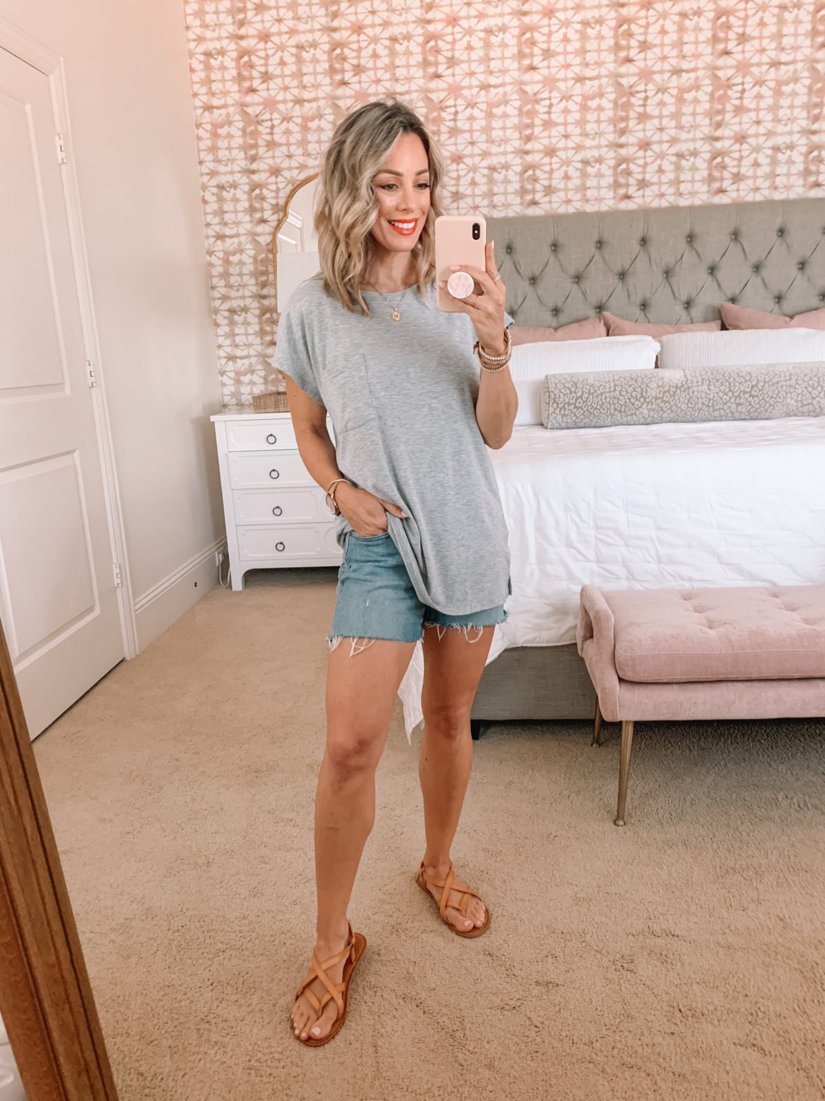 Amazon Fashion Faves, Grey Cap Sleeve Tee and Denim Shorts with Sandals 